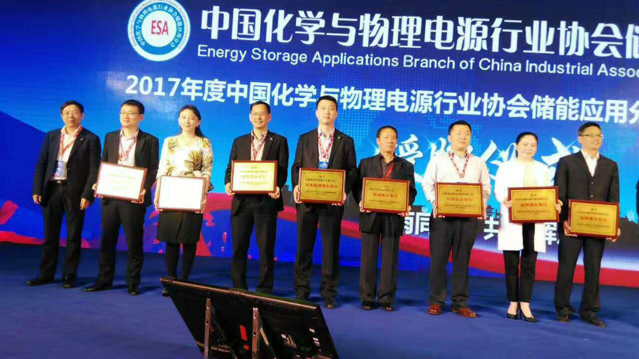 仟億達(dá)集團總裁王元圓（左3）上臺領(lǐng)取中國化學(xué)與物理電源行業(yè) 協(xié)會儲能應(yīng)用分會副理事長單位牌匾